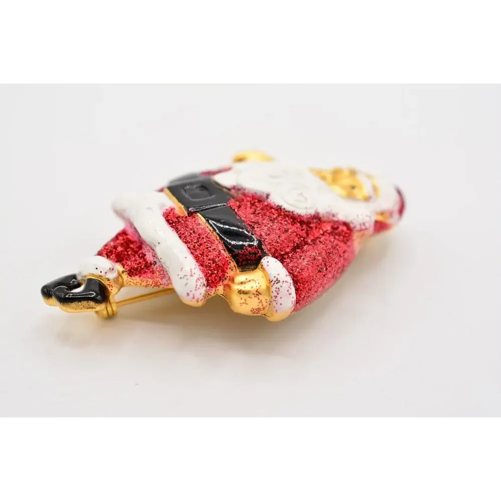AJC Vintage Christmas Pin Brooch Santa Claus Glitter Heavy Chunky Signed 80s 9B